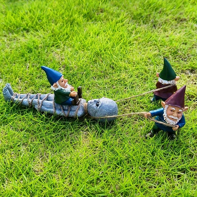 Whimsical Gnome Alien Capture Garden Statues - 3pcs Resin Grey 3.82in Tall Fun Outdoor Decor for Easter & Halloween4