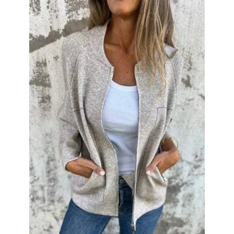 Women's Coat Comfortable Breathable Pocket Fashion Daily Plain Street Casual Zipper Regular Crewneck Regular Fit Long Sleeve Outerwear Black Blue Green Summer Spring2