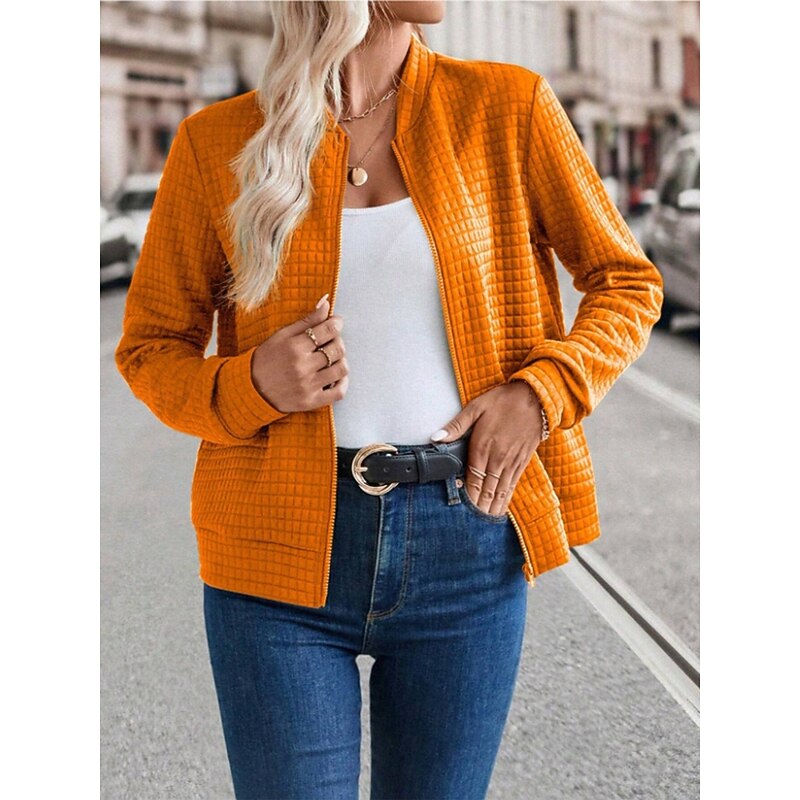 Women's Bomber Jacket Casual Jacket Comfortable Breathable Zipper Casual Plain Vacation Street Casual Daily Wear Zipper Short Stand Collar Regular Fit Long Sleeve Outerwear Black Orange Army Green3