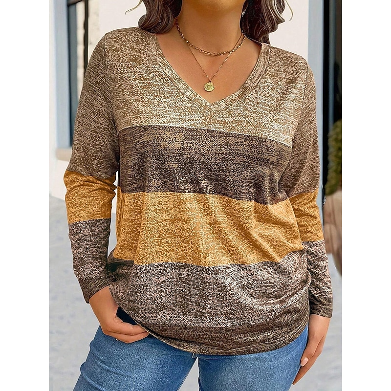 Women's Plus Size Tops T Shirt Geometry Print Long Sleeve V Neck Casual Daily Polyester Fall Winter Yellow Blue3