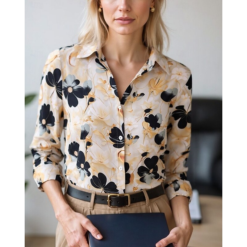 Women's Blouse Dressy Tops Chiffon Tops Floral Color Block Elegant Daily Stylish Long Sleeve Shirt Collar Regular Tops Work Daily Buttons Print Yellow Pink Red Brown Beige Spring, Fall, Winter, Summer3