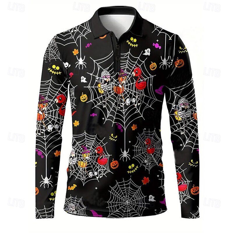 Halloween Men's Pumpkin Ghost Polo Long Sleeve Polo Shirts Lapel Casual Dark Street Daily Wear Festival Outfit 3D Print Buttons Spring Fall Winter Black2