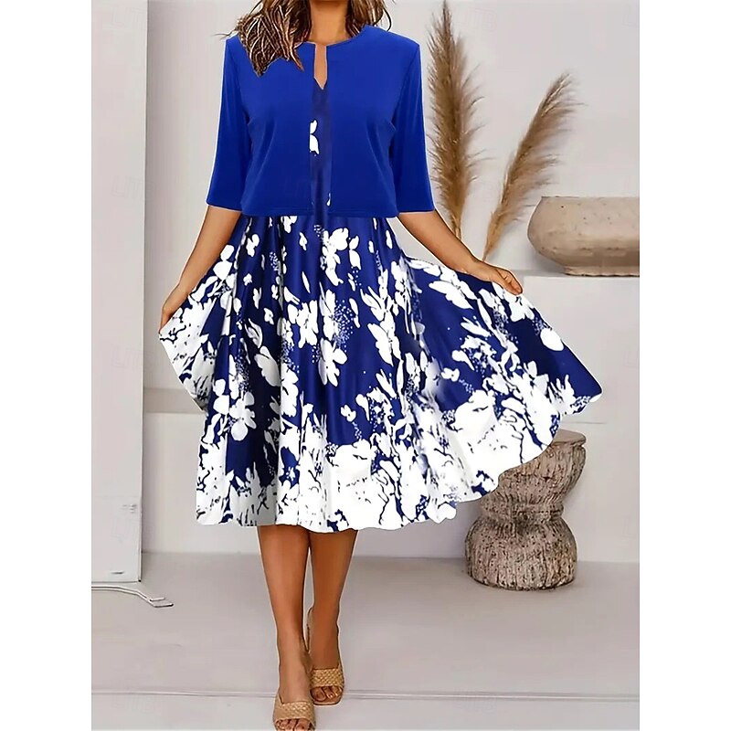 Women's Two Piece Dress Sets Midi Dress with Jacket Elegant A Line Dress Half Sleeve Casual Semi Formal Ombre Floral Print Crew Neck Date Royal Blue Regular Fit