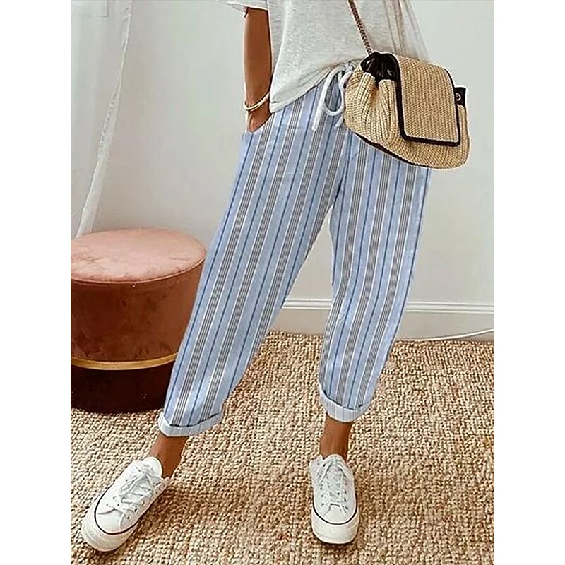 Women's Chinos Vacation Vintage Ethnic Style Ankle-Length High Waist Graphic Stripe Striped Pocket Soft Outdoor Breathable Inelastic Vacation Street Causal Light Blue Summer Spring Fall Loose Fit
