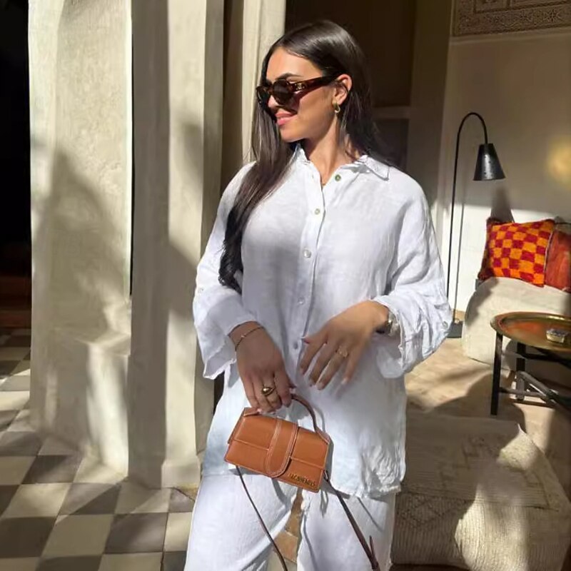 Women's 100% Cotton Elegant Vacation Vintage Shirt Pants Sets Long Sleeve Shirt Collar Solid Color Vacation Office Work Black White Army Green Summer Regular Fit4