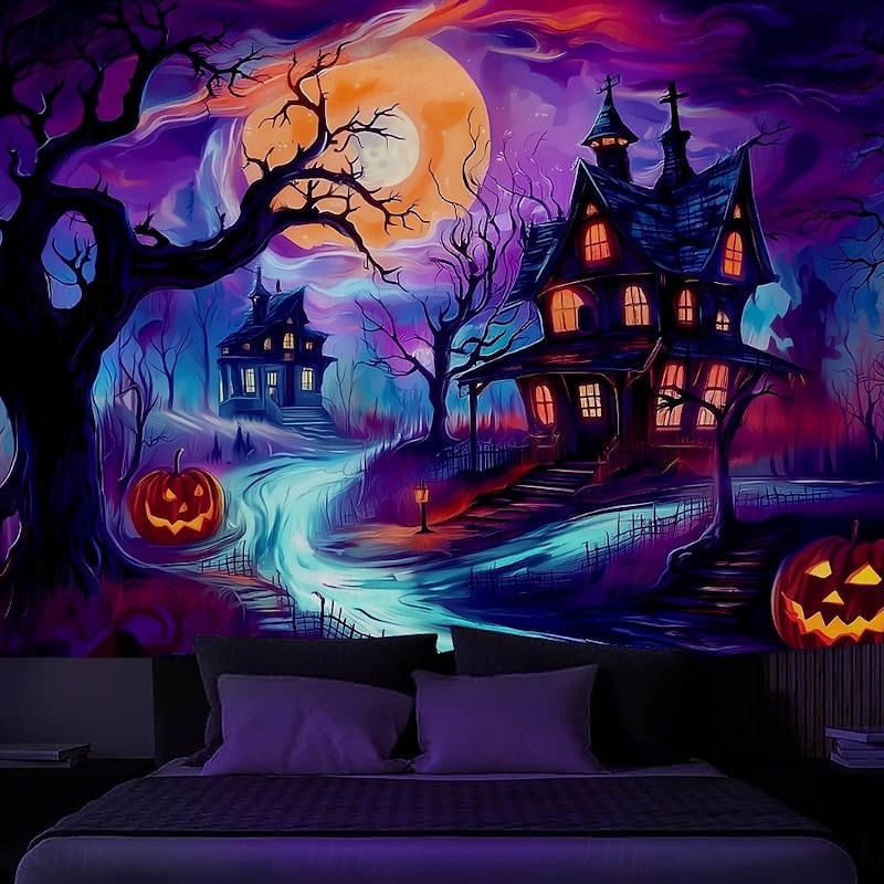 Halloween Blacklight Wall Tapestry – UV Reactive Haunted Path, Neon Colors Spooky Forest Scene, Glow in the Dark Gothic Backdrop for 2025 Halloween Party Decoration