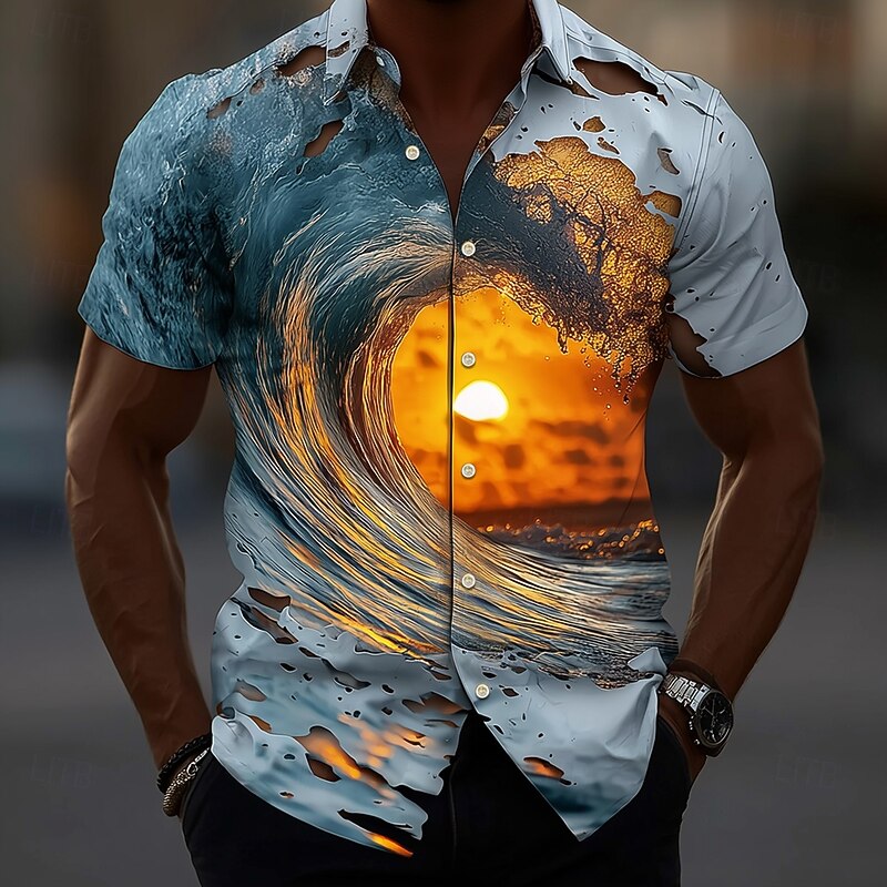 Men's Optical Illusion Ocean Sunset Shirt Summer Shirt Button Up Shirt Short Sleeve Hawaiian Holiday Streetwear Summer Spring Turndown 3D Print Collared Shirts Blue 1# Blue
