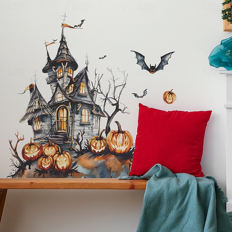 Halloween Horror Castle and Pumpkin Wall Sticker, Spooky Bedroom and Living Room Peel and Stick Home Decoration, Self-Adhesive Halloween Party Wall Decal3