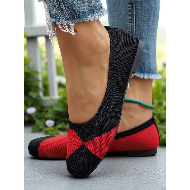 Women's Red and Black Square Toe Knit Flats – Retro Colorblock Shoes for Fall Festivals, Shopping & Casual Workwear