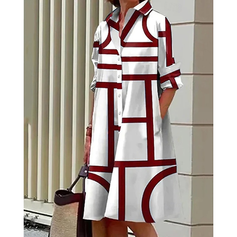 Women's Midi Dress Shirt Dress Casual Dress Fashion Modern Daily Beach Weekend Regular Fit Geometric Long Sleeve Shirt Collar Black Yellow Wine Blue Spring Fall4