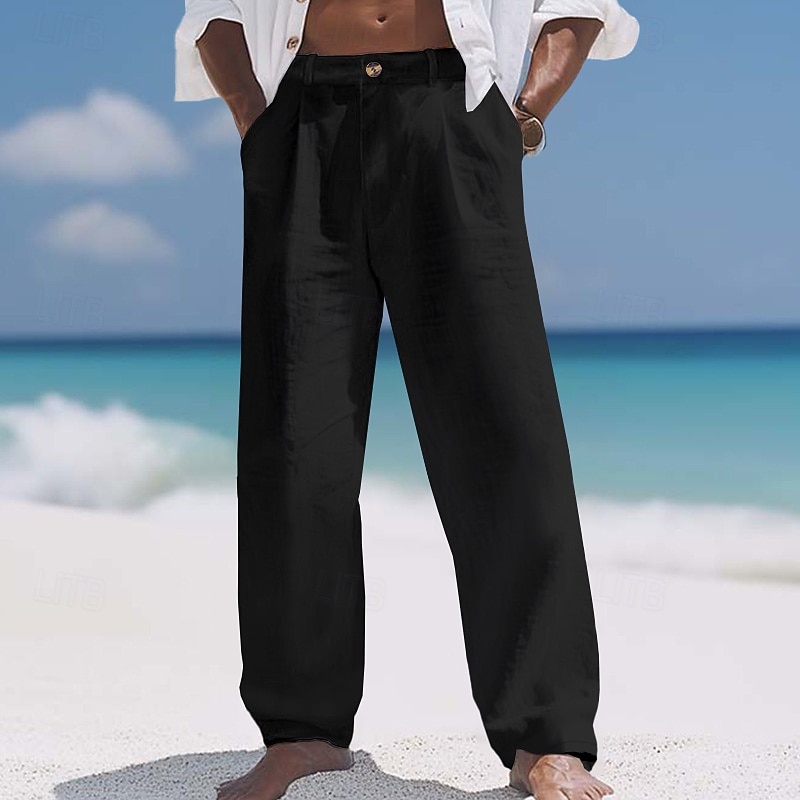 Men's Linen Pants Trousers Summer Pants Baggy Pants Beach Pants Elastic Waist Straight Leg Plain Comfort Breathable Full Length Casual Daily Holiday Vacation Fashion Black White Inelastic2