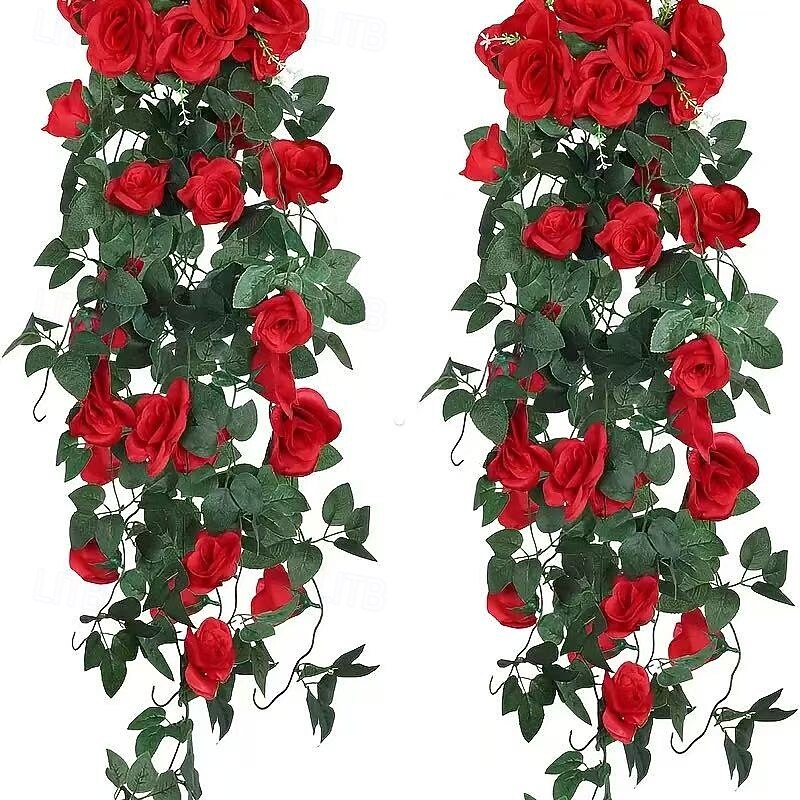 4 Pack Artificial Red Rose Vines with Green Leaves, Realistic Hanging Flowers for Wedding Christmas Decoration, Indoor Outdoor Home Garden Faux Floral Garland2