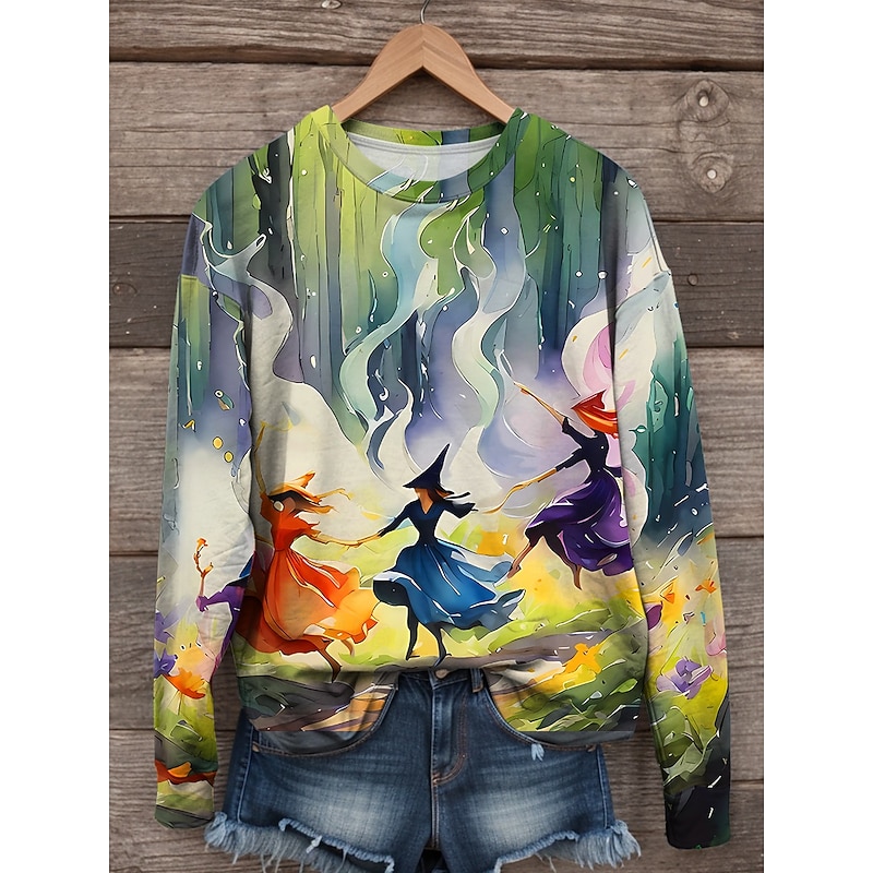 Halloween Women's Sweatshirts Witch Graphic Casual Long Sleeve Crew Neck Regular Tops Street Print Yellow Orange Green Fall Winter