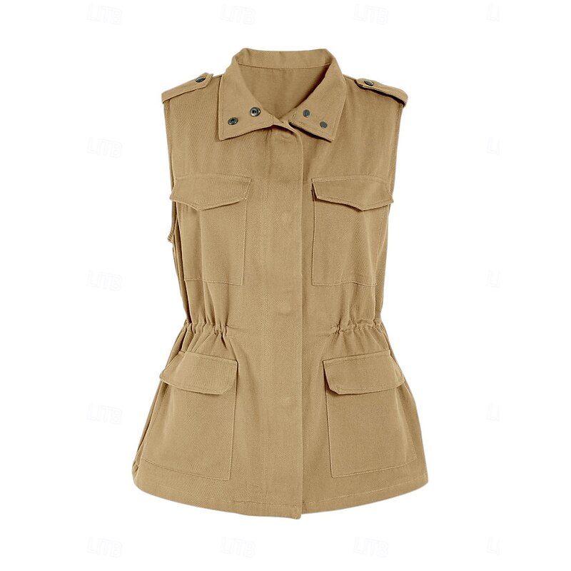 Women's Vest Comfortable Breathable Zipper Pocket Casual Plain Vacation Street Casual Daily Wear Zipper Regular Turndown Regular Fit Sleeveless Outerwear Black Brown Beige Summer Spring4
