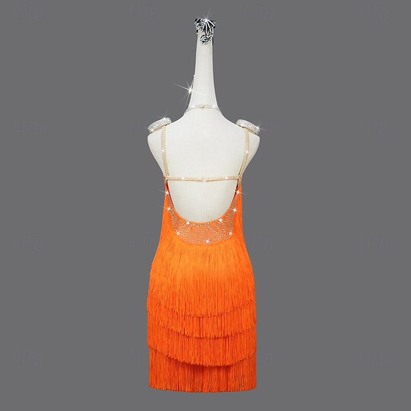 Latin Salsa Dance Dress Rhinestone Tassel Splicing Women's Performance Party Sleeveless Spandex2