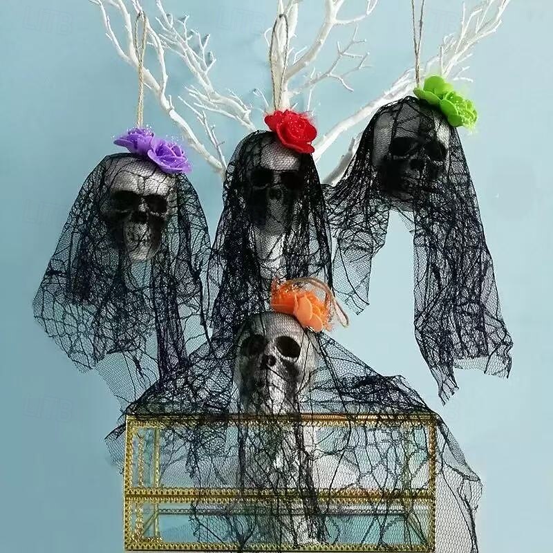 4PCS Halloween Skull Hanging Ghost Decorations, Realistic Foam Skeleton Heads with Lace, Suspended Spooky Ornaments for Haunted House, Party and Holiday Decor2