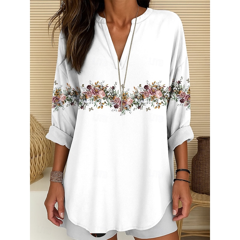 Women's Blouse Tunic V Neck Long Sleeve Boho Casual Tops Floral Graphic Vintage Tropical Long Tops Daily Wear Print White Pink Blue Green Fall