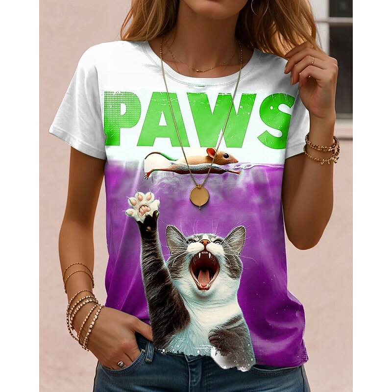 Women's T Shirt Graphic Cat Letter Vintage Stylish Classic Short Sleeve Crew Neck Regular Tops Daily Weekend Print Blue Purple Green Khaki Summer Spring3