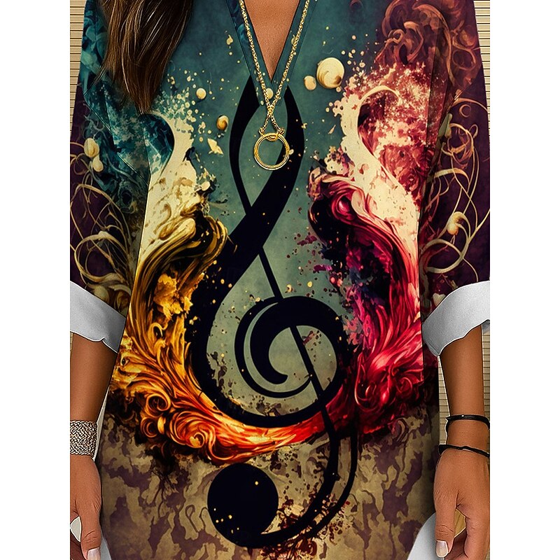 Music Festival Women's Blouse Long Sleeve Tunic Ombre Graphic Geometric Elegant Vintage Tropical Long Sleeve V Neck Regular Tops Daily Holiday Print Yellow Blue Green Summer Spring3