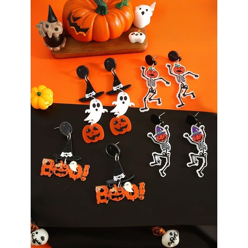 Women's Halloween Acrylic Earrings Set - Lightweight Ghost, Pumpkin, Witch Hat & Skeleton Designs for Teens and Adults, Perfect for Halloween Costumes and Party Accessories