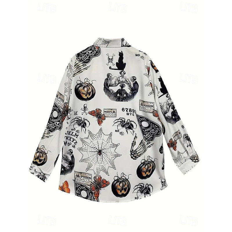 Halloween Women's Shirt Skulls Print Button Down Tunic Shirt Collar Long Sleeve Graphic Vintage Tropical Daily Regular Tops Work Daily Holiday s Print Red / black Black White Orange Green Spring4