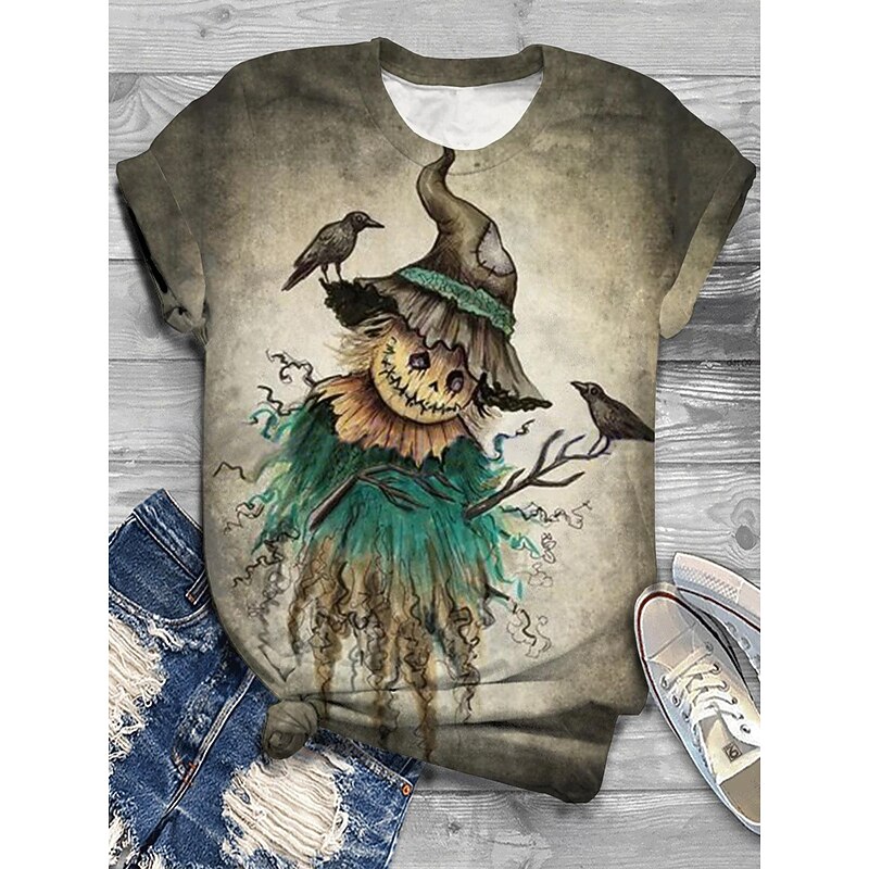 Halloween Women's T Shirt Graphic Cat Pumpkin Vintage Stylish Classic Short Sleeve Crew Neck Round Neck Regular Tops Daily Print Black Orange Khaki Summer Fall2