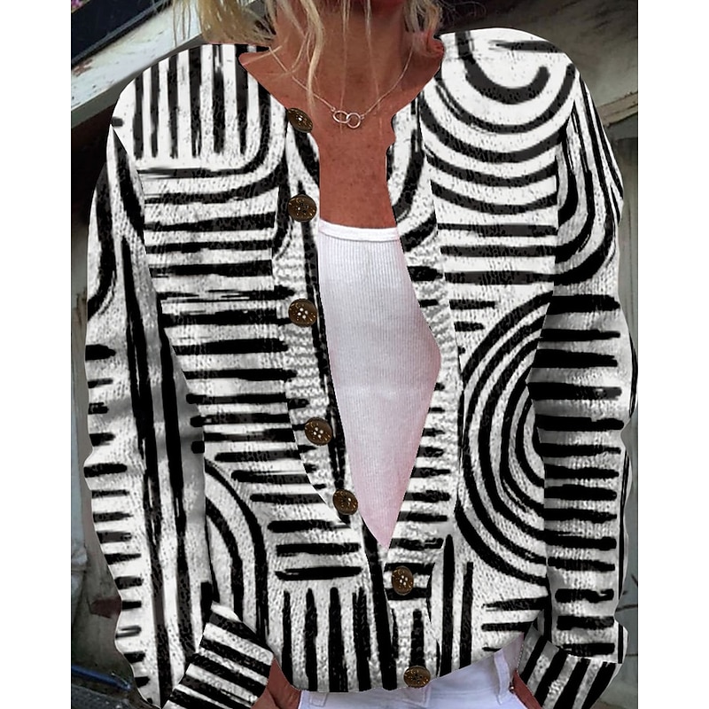 Women's Sweater Cardigan Fashion Streetwear Daily Geometric Striped Ribbed Open Front Knitted Long Sleeve Regular Tops Knit Holiday Going out Weekend White Brown Fall Winter2