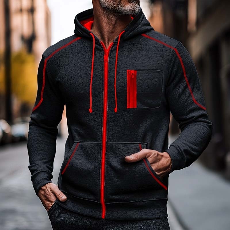 Men's Zip Up Hoodie Zip Sweatshirt Fleece Hoodie Black Red Navy Blue Gray Hooded Plain Zip Up Front Pocket Sports & Outdoor Casual Daily Streetwear Cool Sportswear Winter Fall & Winter Clothing3