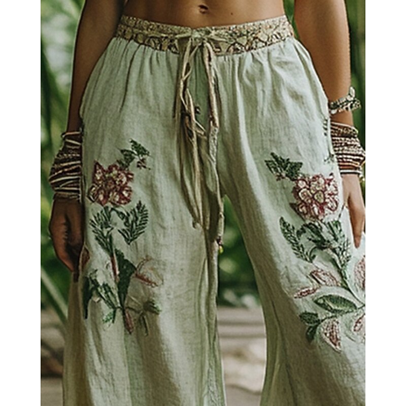 Women's Wide Leg Pants Trousers Palazzo Pants Fashion Boho Full Length High Waist Flower Elastic Waist Drawstring Print Breathability Comfortable Street Daily Wear Going out Green Spring Fall Regular2