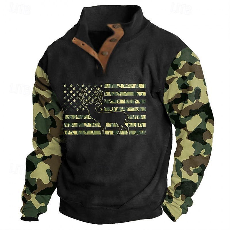 Men's Sweatshirt Black Standing Collar Reindeer Camo / Camouflage American Flag Print Daily Holiday Going out Polyester Streetwear Casual Fall Winter Clothing Apparel Hoodies Sweatshirts  Long Sleeve