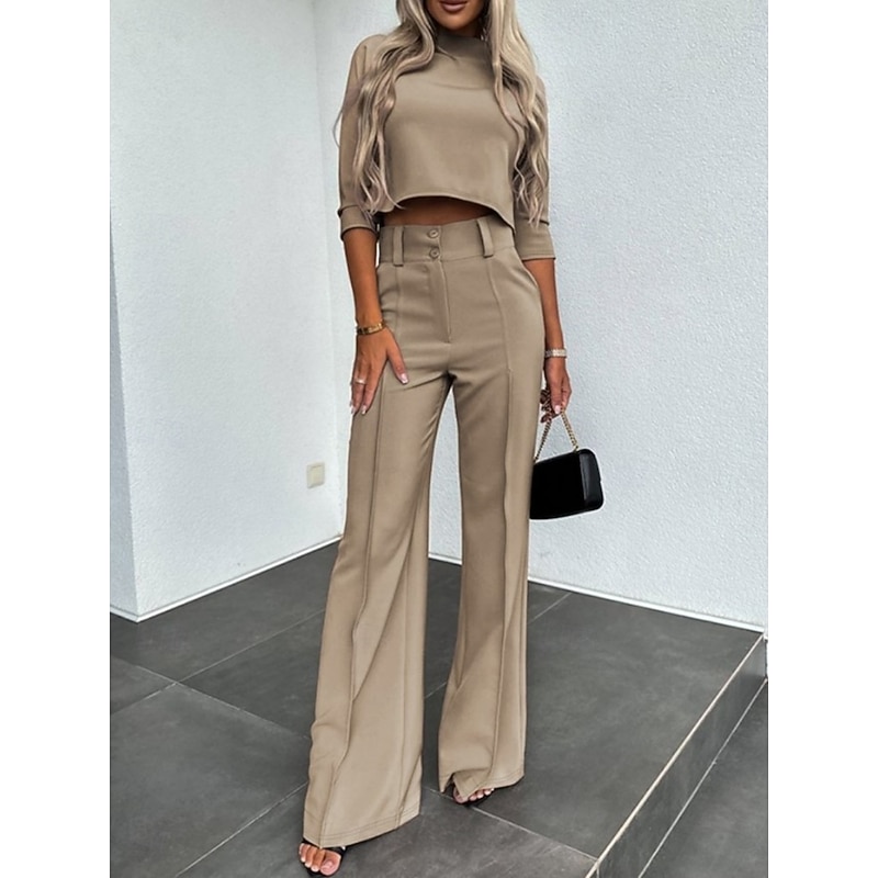 Women's Streetwear Stylish Pants Sets Long Sleeve Turtleneck Solid Color Patchwork Daily WorkWear Black White Khaki Summer Regular Fit
