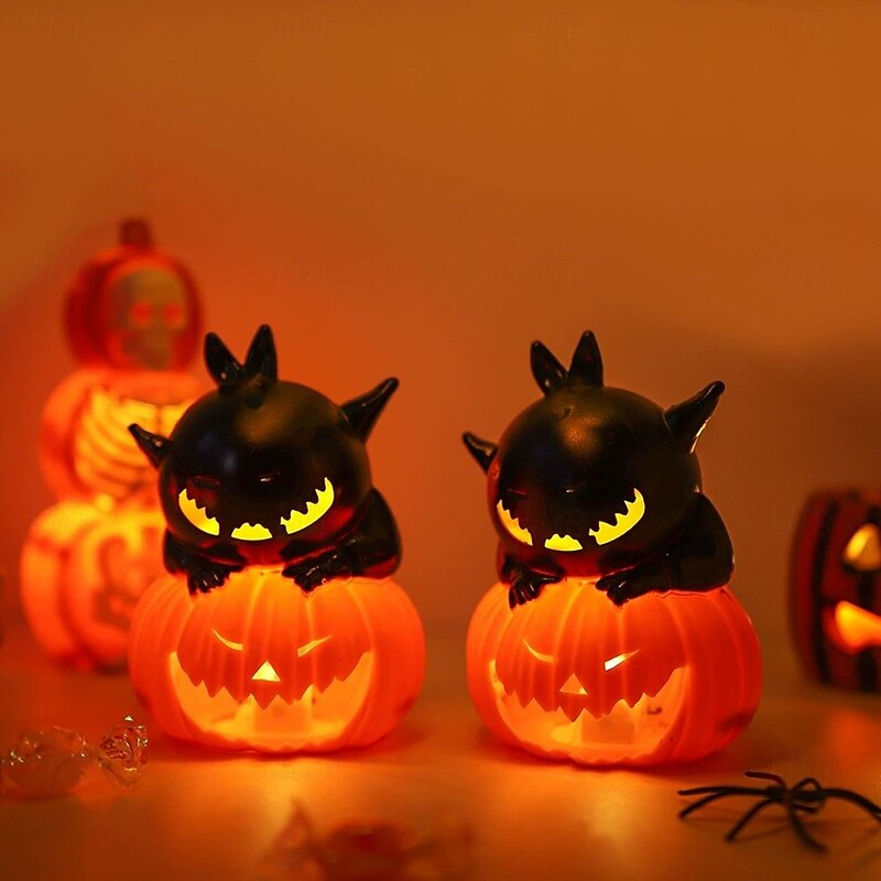 2 Pcs Halloween Pumpkin Lantern Home Decoration Props Electronic Candle Light Ghost Festival Party Supplies Bar Haunted House Decorations Night Light Black Cat Skull Eyeball Light