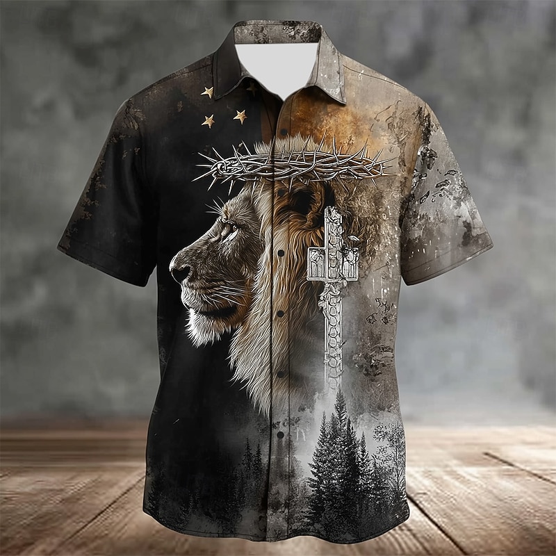 Men's Animal Lion Templar Cross Shirt Summer Shirt Button Up Shirt Short Sleeve Vintage Retro Dailywear Holiday Summer Spring Turndown 3D Print Collared Shirts Black