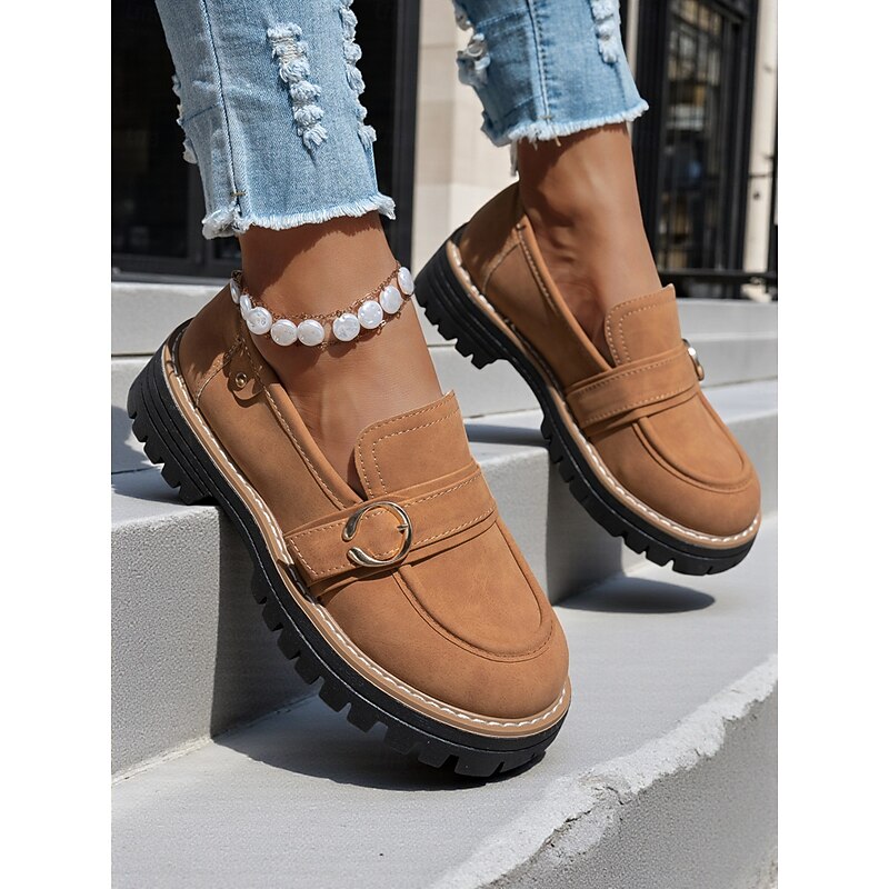 Women's Beige Suede Lug Sole Loafers – Casual Slip-On Platform Shoes with Gold Buckle for Work, Travel, and Weekend Outfits