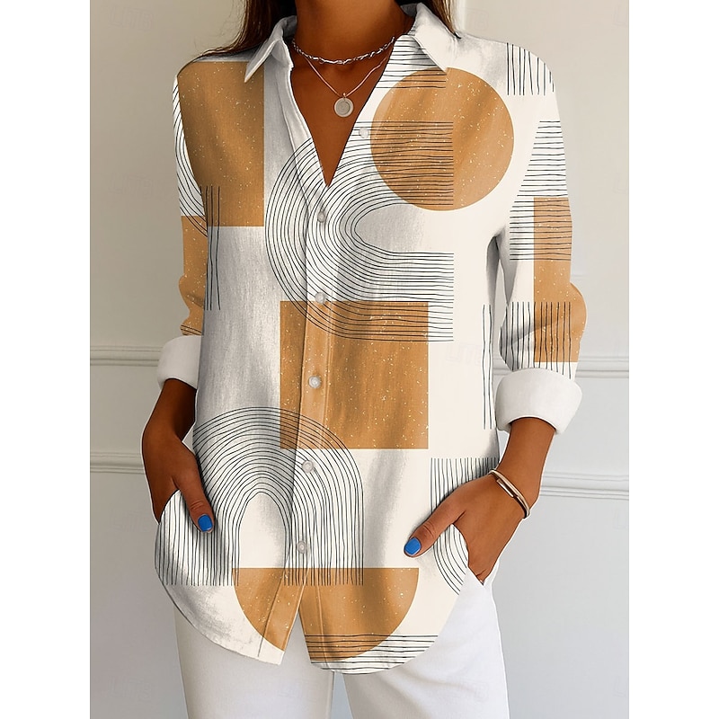 Women's Shirt Button Down Tunic Shirt Collar Long Sleeve Graphic Geometric Vintage Tropical Daily Regular Tops Work Daily s Print Yellow Pink Blue Green Gray Spring Fall