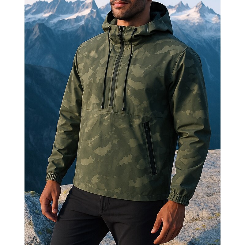 Men's Waterproof Hoodie Military Hoodie Long Sleeve Hooded Top Outdoor Waterproof Windproof Winter Polyester Camo Army Green Traveling Running3