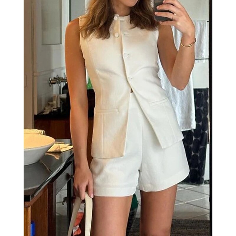 Women's Active Fashion Blouse Shorts Sets Sleeveless Crew Neck Solid Color Split Thigh Outdoor Vacation White Summer Regular Fit3