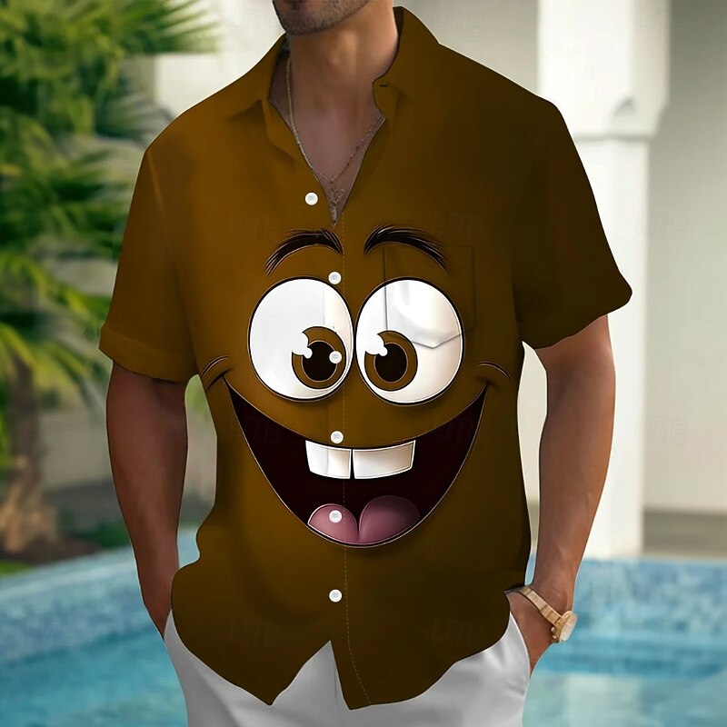 Men's Cartoon Funny Smile Face Shirt Summer Shirt Button Up Shirt Short Sleeve Fashion Casual Outdoor Vacation Dailywear Summer Spring Turndown 3D Print Collared Shirts Front One Pocket Brown