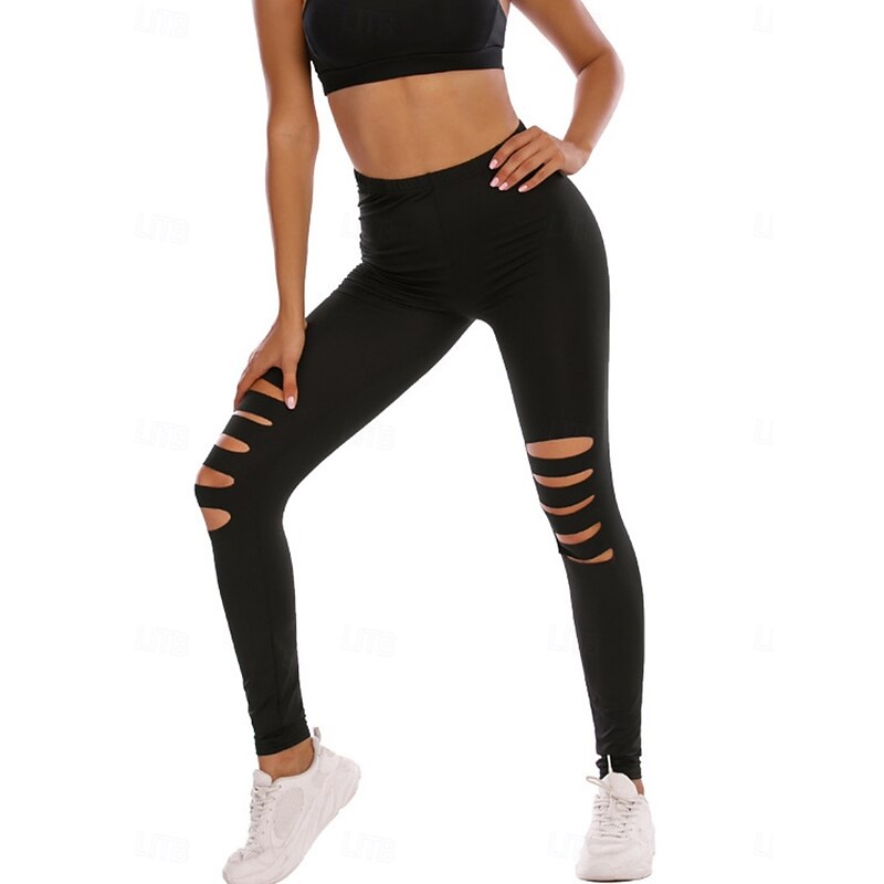 Women's Leggings Cozy Leggings Streetwear Casual Long High Waist Plain Ripped High Cut Breathability Soft Stretchy Vacation Street Daily Wear Black Fall Regular Fit2