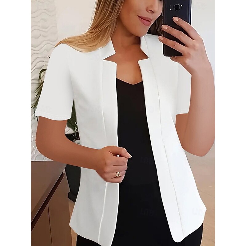 Women's Blazer Comfortable Breathable Slim Fit Fashion Modern Plain Work Daily Regular Stand Collar Regular Fit Short Sleeves Outerwear Black White Yellow Summer3