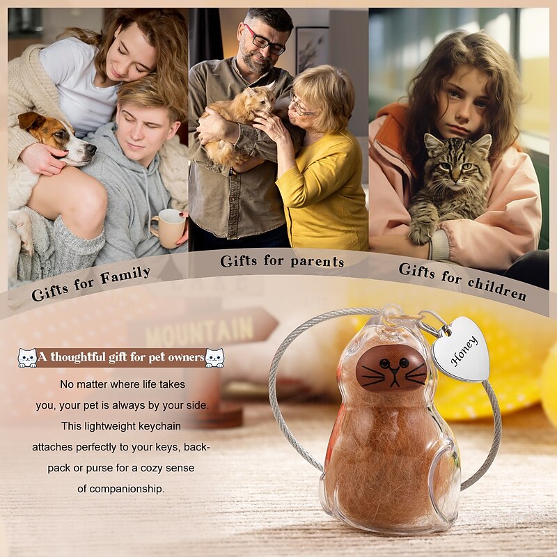 Personalized Name Cat Fur Keychain Custom Memorial Gift Sympathy Gift for Pet Loss, Keepsake with Real Hair, Cute Mini Charm for Cat Owners Remembrance Gift2