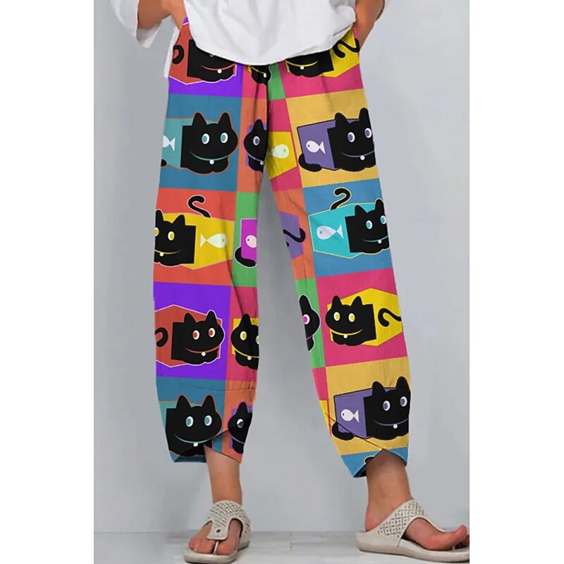 Women's Slacks Vacation Vintage Ethnic Style Ankle-Length High Waist Graphic Animal Cat Elastic Waistband Comfy Breathability Soft Inelastic Outdoor Street Daily Black Brown Summer Spring Loose Fit