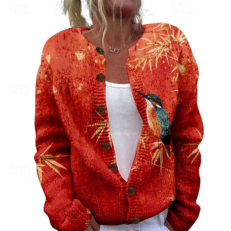 Women's Sweater Cardigan Fashion Streetwear Daily Floral Ribbed Open Front Knitted Print Long Sleeve Long Tops Knit Holiday Going out Weekend Pink Red Fall Winter