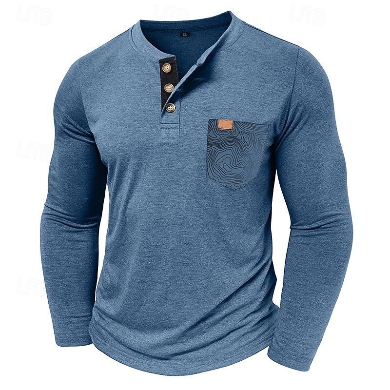 Men's T Shirt Henley Shirt Tee Long Sleeve Tribal Solid Designer Basic Bohemian Pocket Henley Outdoor Casual Daily Summer Fall Dark Grey Black White Henley T-Shirt