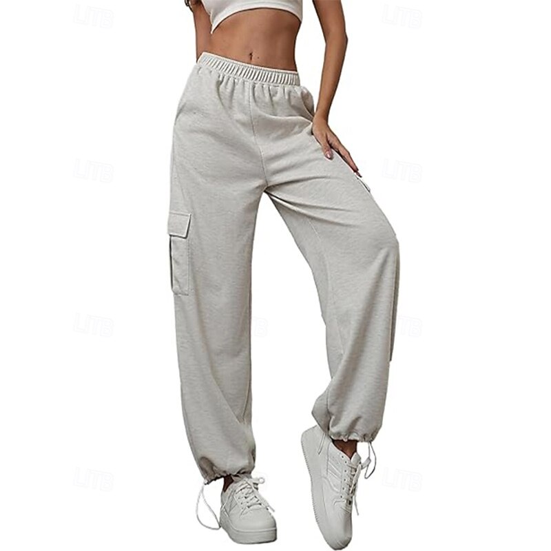 Women's Cargo Pants Slacks Streetwear Casual Full Length Natural Plain Pocket Elastic Waist Comfy Outdoor Vacation Going out Black White Light Grey Coffee Fall Regular Fit2