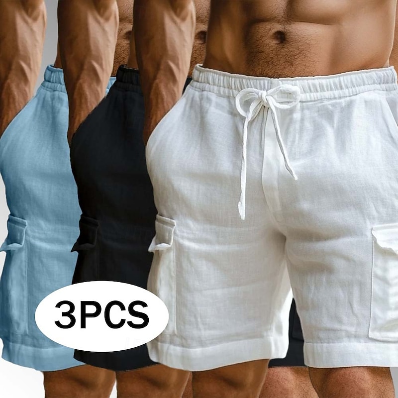 Men's Cargo Shorts Linen Shorts Summer Shorts Beach Shorts Elastic Waist Drawstring Multi Pocket Plain Comfort Breathable Knee Length Outdoor Daily Holiday Vacation Fashion Blue+White+Black
