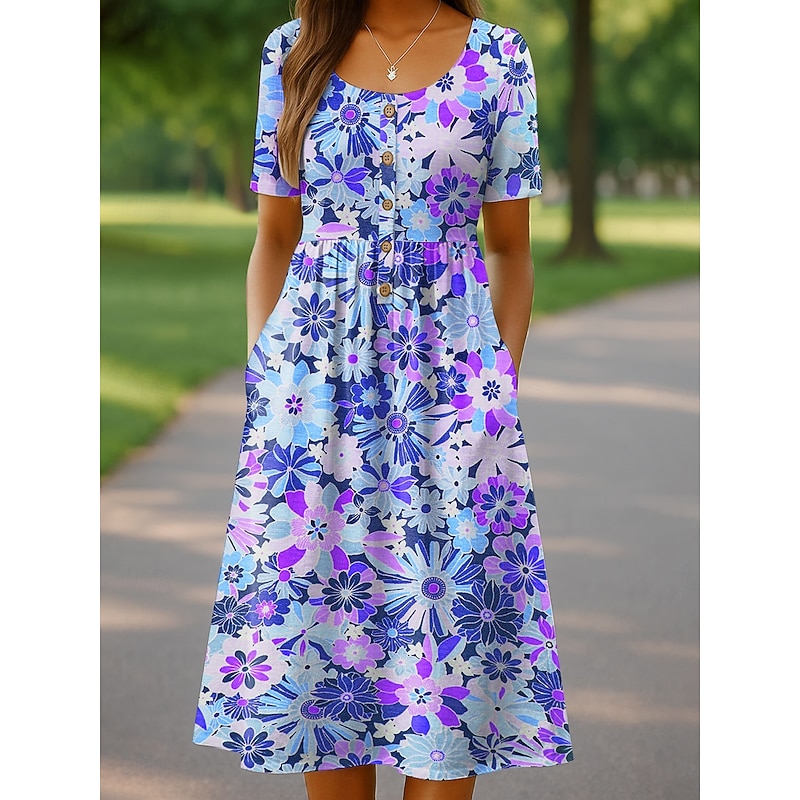 Women's Midi Dress Casual Dress Sundress A Line Dress Summer Dress Vacation Casual Beach Holiday Regular Fit Floral Graphic Short Sleeve Crew Neck Pink Blue Orange Green Summer Spring4