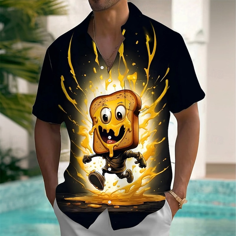 Men's Cartoon Toast & Butter Shirt Summer Shirt Button Up Shirt Short Sleeve Funny Outdoor Vacation Dailywear Summer Spring Turndown 3D Print Collared Shirts Front One Pocket Black - Main Image
