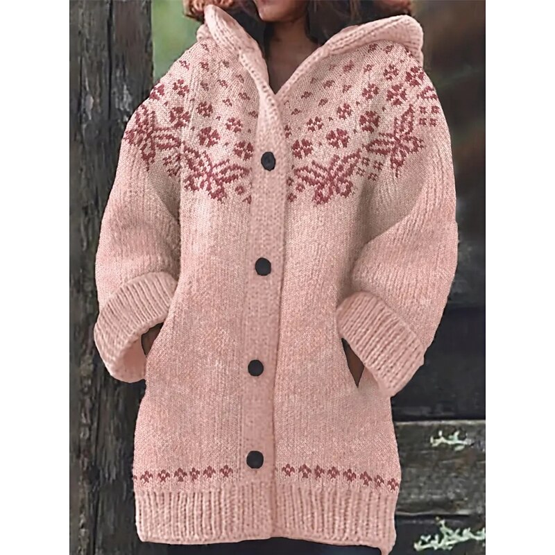 Women's Cardigan Vacation Fashion Streetwear Geometric Ribbed Hooded Knitted Print Front Pocket Long Sleeve Regular Tops Knit Outdoor Daily Pink Fall Winter