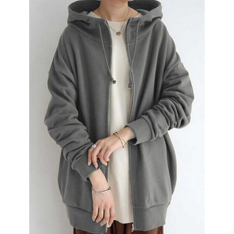 Women's Casual Jacket Hoodie Jacket Comfortable Breathable Zipper Pocket Casual Plain Street Casual Daily Wear Zipper Long Hooded Regular Fit Long Sleeve Outerwear Black Red Khaki Spring Fall